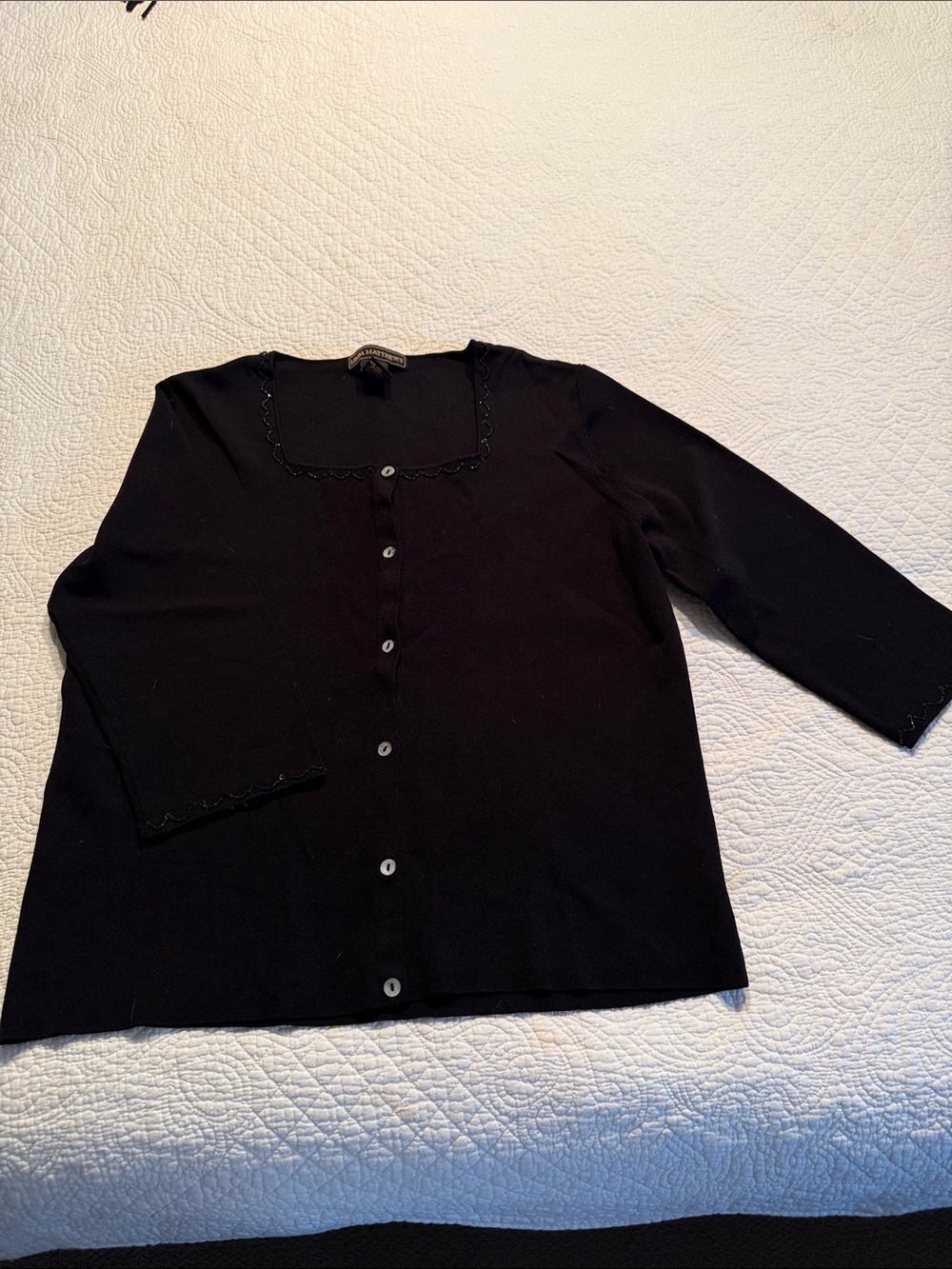 Dressy Black Button-Front Cardigan with Beaded Scalloped Trim